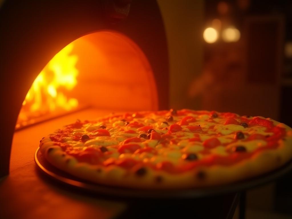 A delicious artisanal pizza being pulled from a glowing wood-fired oven.