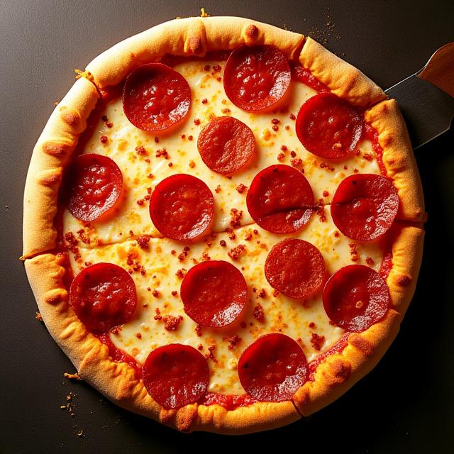 Spicy Pepperoni pizza with crisp edges.