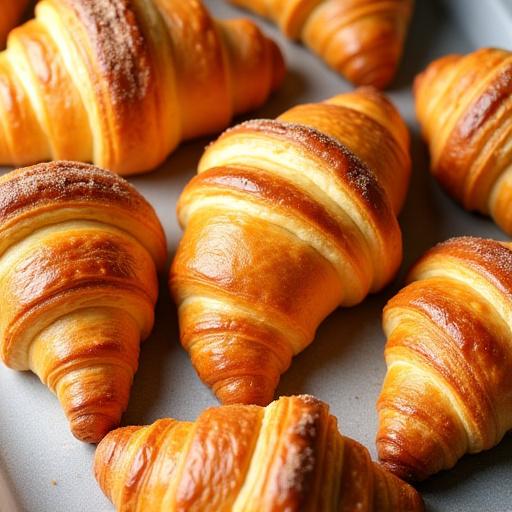 Surtido de bollería fresca incluyendo croissants y napolitanas en una bandeja.