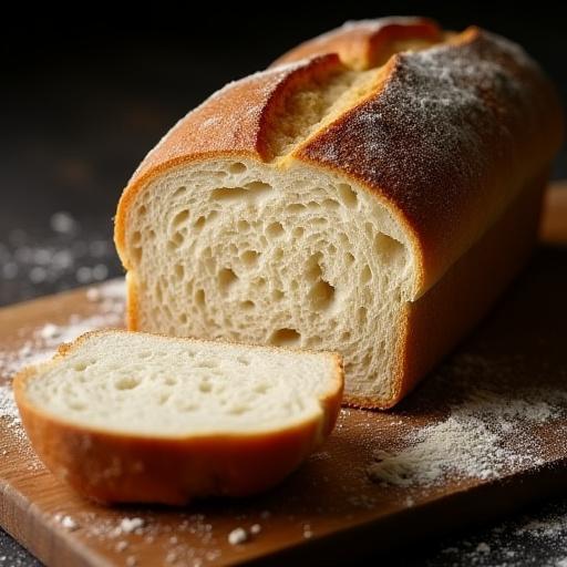Primer plano de una hogaza de pan de masa madre cortada, mostrando la miga.